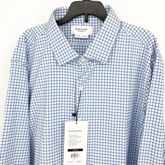 MINISTRY OF SUPPLY Men's Aero Dress Shirt XXL Slim Blue Grid Button Up NWT - Picture 3 of 10